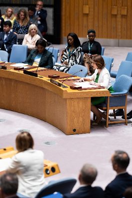 Am 17. Juli 2023 reiste Bundesministerin Karoline Edtstadler (r.) zu einem mehrtägigen Arbeitsbesuch nach New York. Im Bild bei einer Rede zur Lage in der Ukraine des UN-Sicherheitsrats.