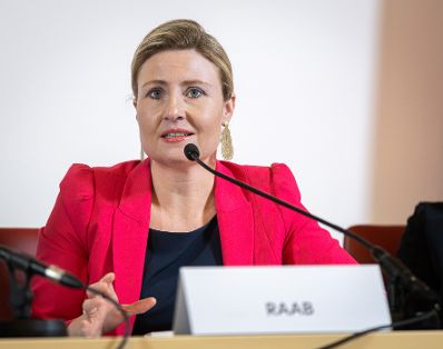 Am 4. Juli 2023 nahm Bundesministerin Susanne Raab (im Bild) an einer Pressekonferenz zu Tötungsdelikten an Frauen teil.
