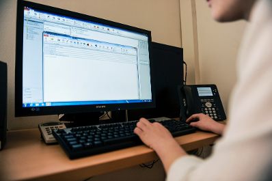 Eine Frau bei der Arbeit. Schlagworte: Arbeitsplatz, Bildschirm, Computer, Gerät, Tastatur, Technik, Wirtschaft